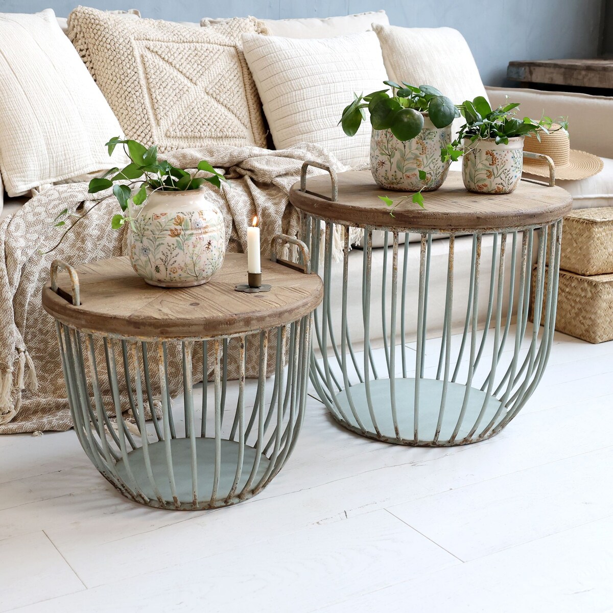 Stolik kawowy, kosz z drewnianym blatem 2 szt. jasnomiętowy