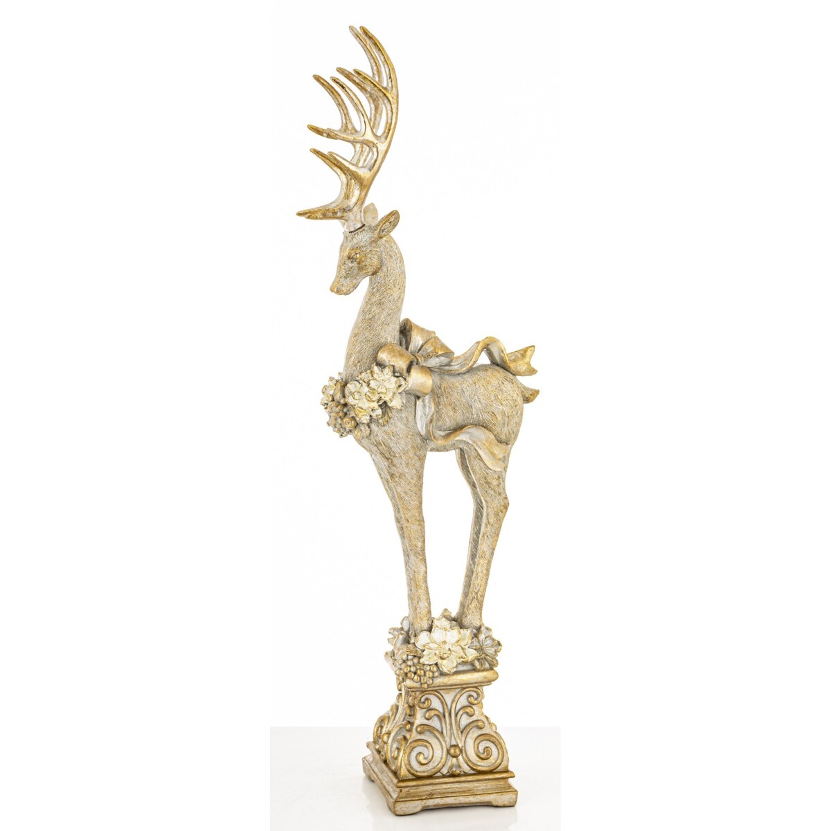 Figurka - złoty jeleń z wieńcem i kokardą 52,5x16x9 cm stojący na postumencie