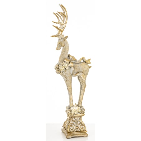 Figurka - złoty jeleń z wieńcem i kokardą 52,5x16x9 cm stojący na postumencie