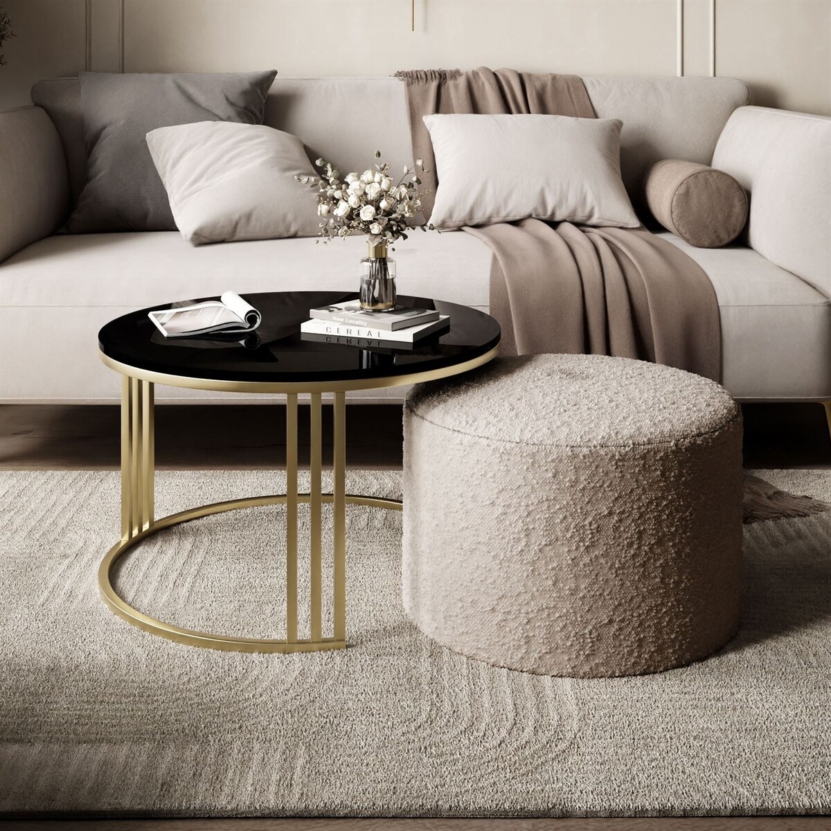 Stolik kawowy z pufą LORI POŁYSK złoto szczotkowane, czarny / Coral 50
