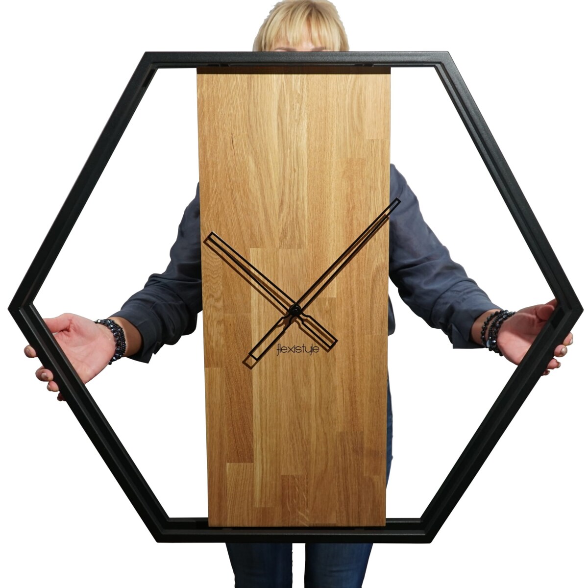 Zegar ścienny drewniany do salonu LOFT HEXAGON 80cm