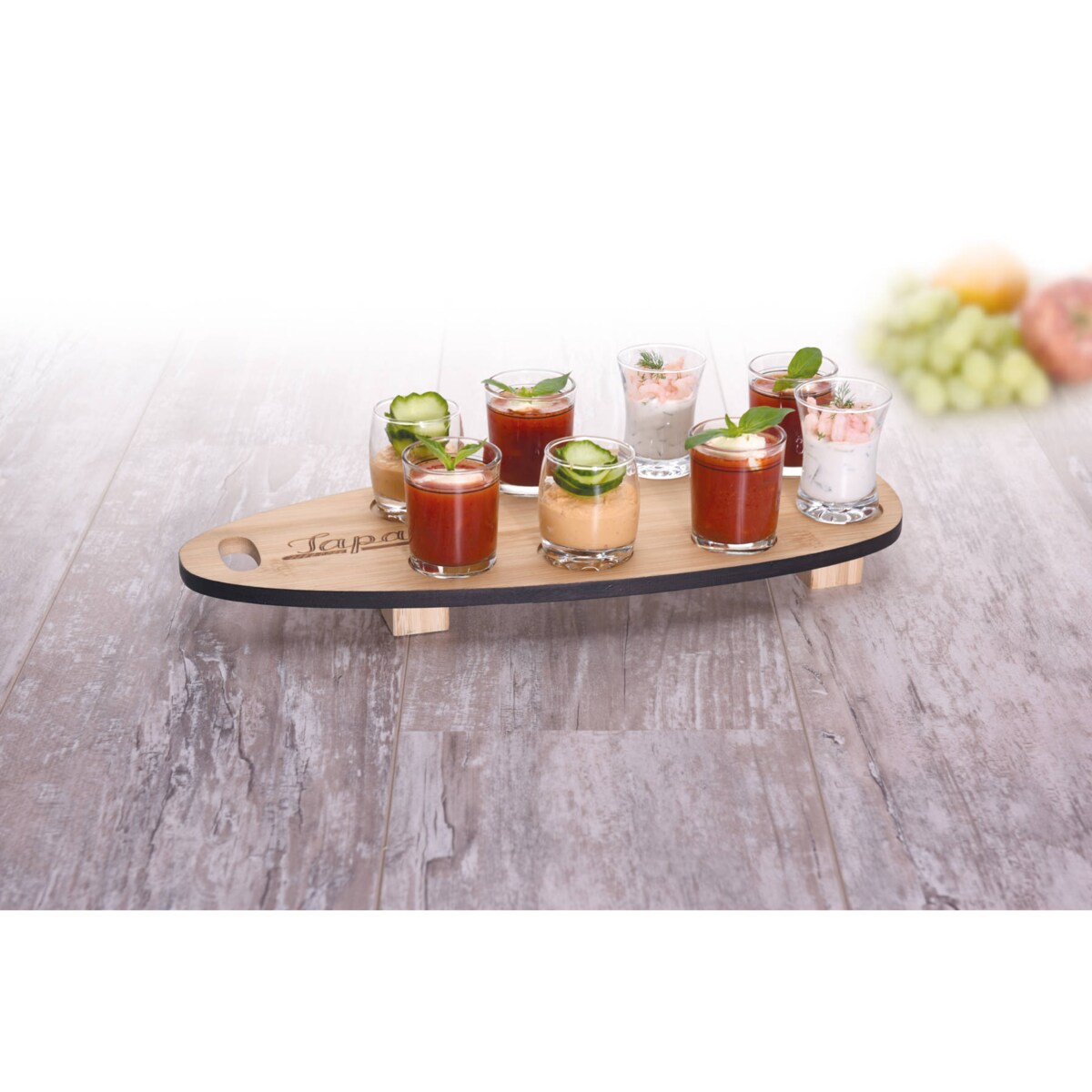 Zestaw do przekąsek, 8 szklanek na bambusowej tacy