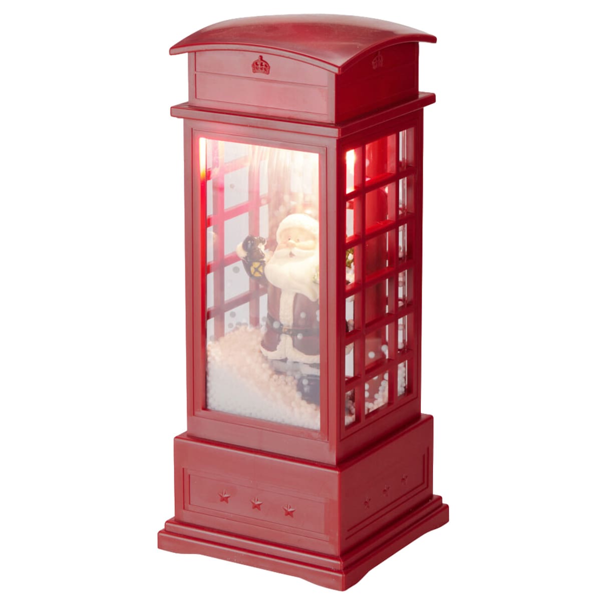 Budka telefoniczna świąteczna z LED, efektem śniegu i melodią, 10,5 x 10,5 x 25 cm