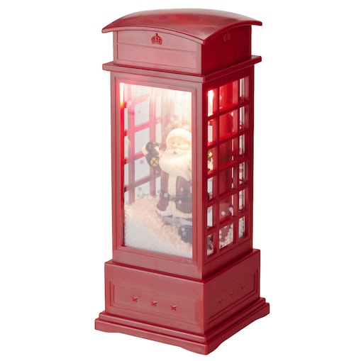 Budka telefoniczna świąteczna z LED, efektem śniegu i melodią, 10,5 x 10,5 x 25 cm