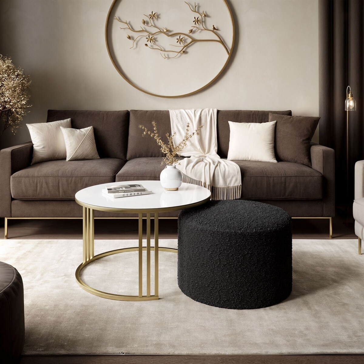 Stolik kawowy z pufą LORI GLASS złoto szczotkowane, białe szkło / Coral 60