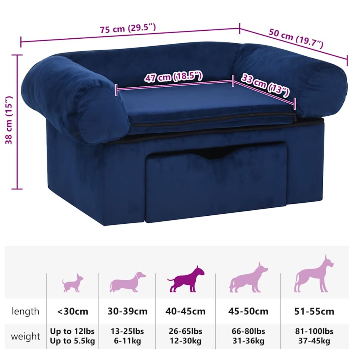 vidaXL Sofa dla psa, z szufladą, niebieska, 75x50x38 cm, pluszowa