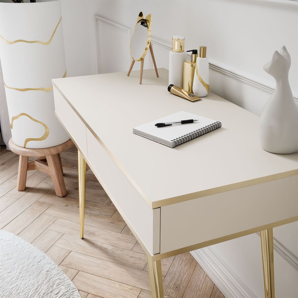 Konsola OXFORD z szufladami na złotym stelażu, beżowy mat