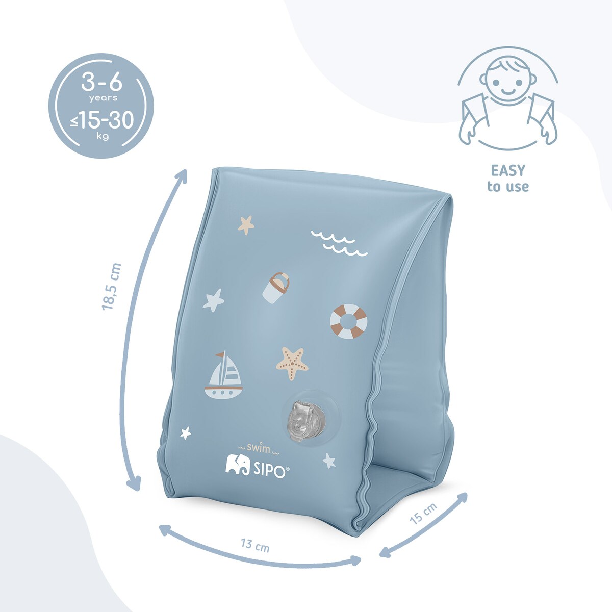 Sipo, Dmuchane Rękawki Do Pływania Dla Dzieci, Do Nauki Pływania, 3-6 Lat, 15-30 Kg, Niebieskie