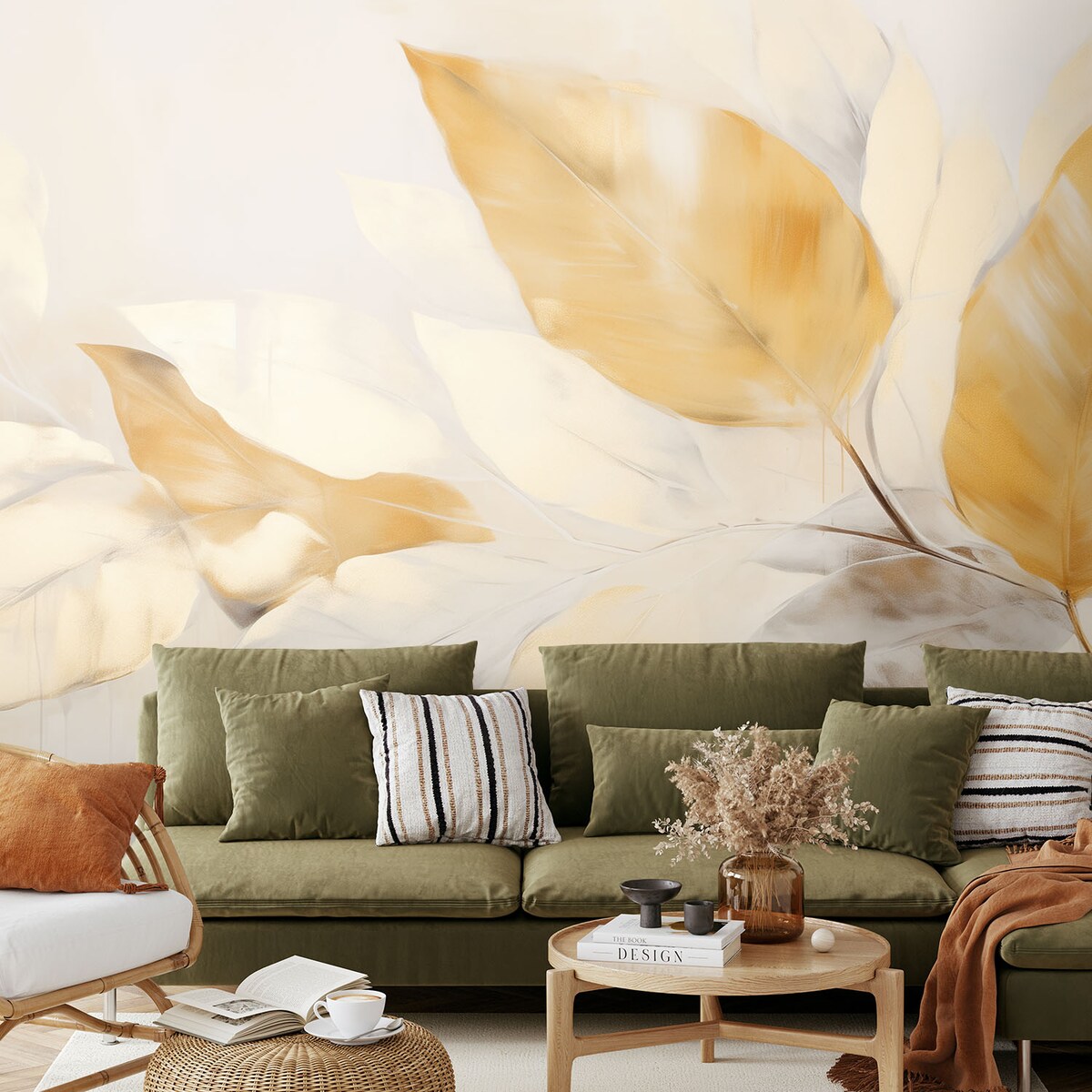 Fototapeta, Gałązki w stylu boho beżowe zółte liście 400x280