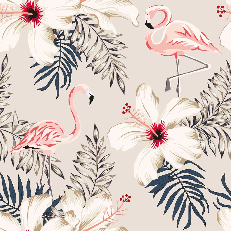 Tapeta Flamingi Tropikalne Liście i Kwiaty