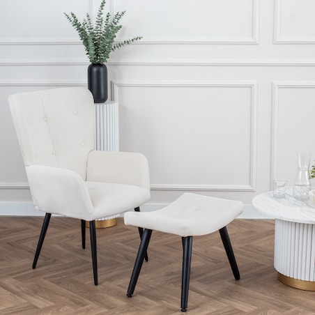 Fotel uszak z podnóżkiem do salonu wypoczynkowy welurowy tapicerowany beżowy