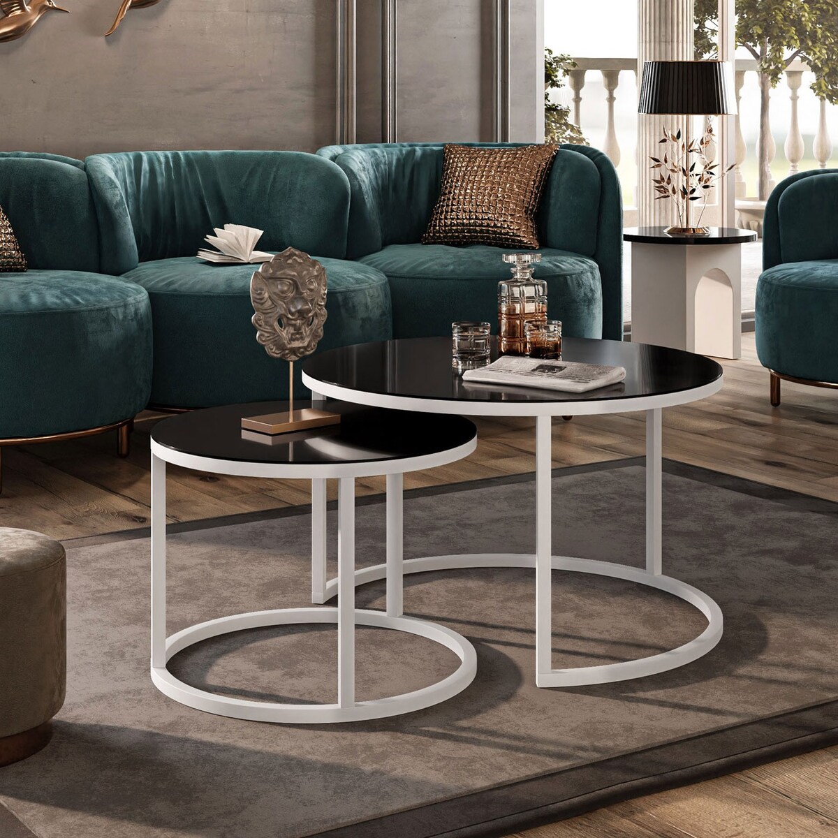 Stolik kawowy CIRI 2w1 biały czarne szkło