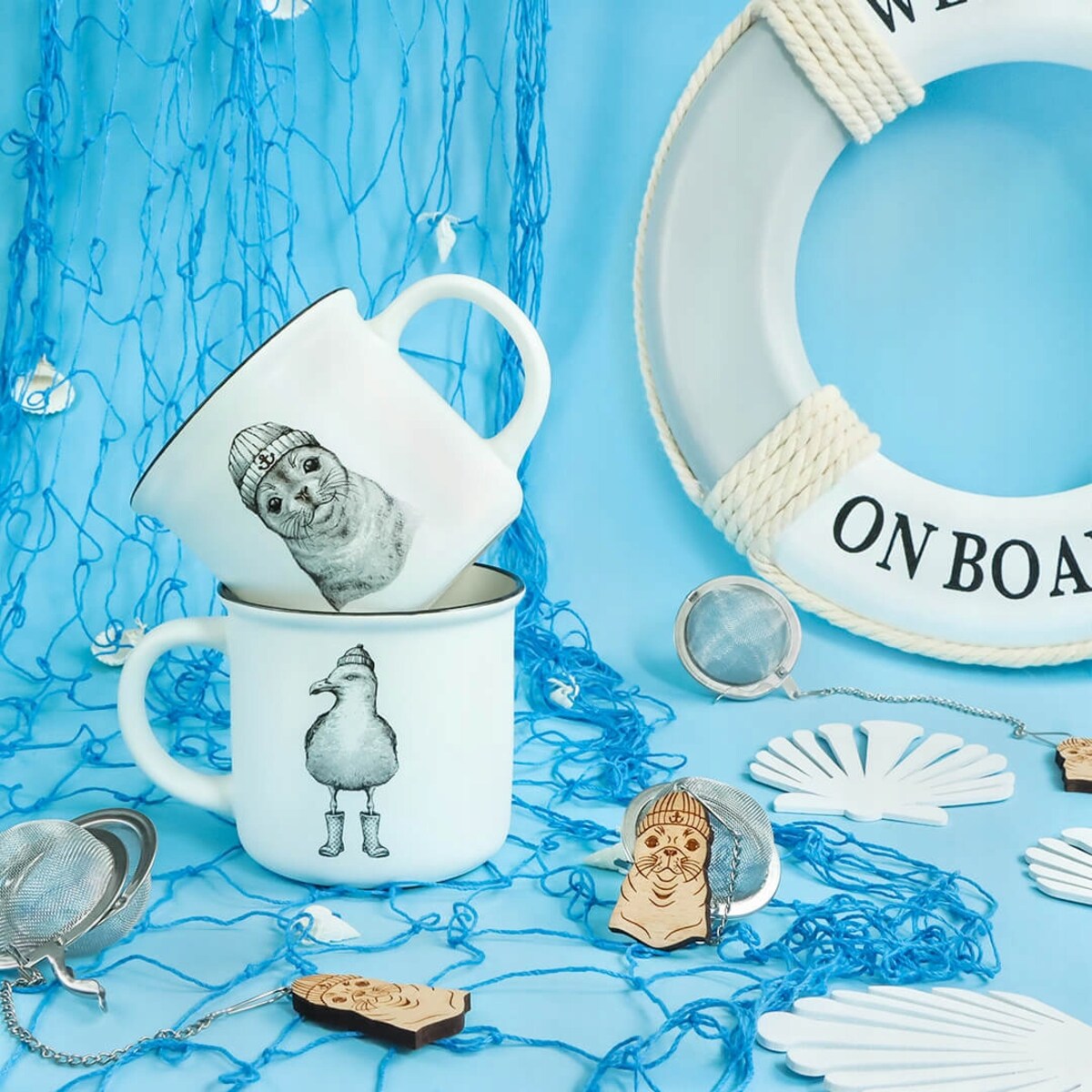 Porcelanowy kubek z uchwytem MEWA I FOKA do kawy herbaty czekolady 300ml - prezent upominek dla kobiety mamy koleżanki dziewczyny żony babci