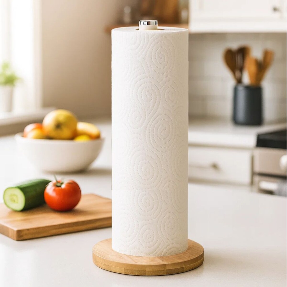 Stojak na ręczniki papierowe z bambusową podstawką, 34 cm