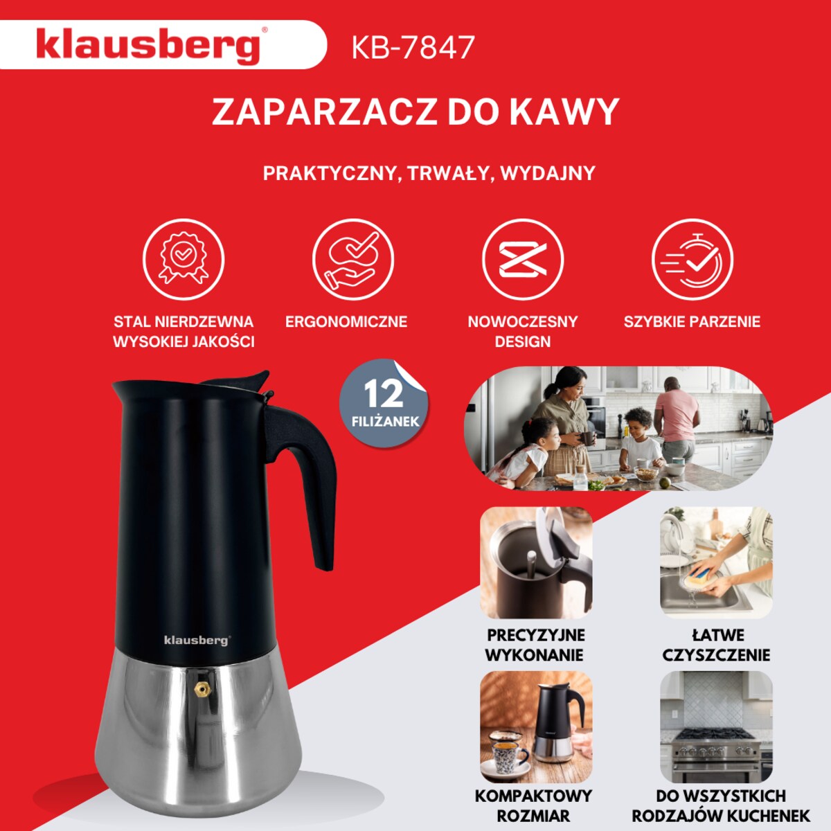 Kawiarka espresso kafeterka ciśnieniowa KLAUSBERG 600ml 12 filiżanki