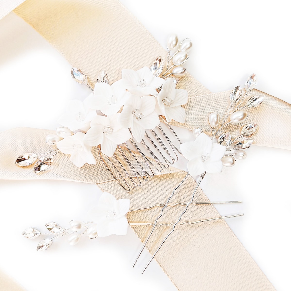 Zestaw grzebyk z wsuwkami kwiatami cyrkoniami ŚLUBNE srebrne ozdoby stroik