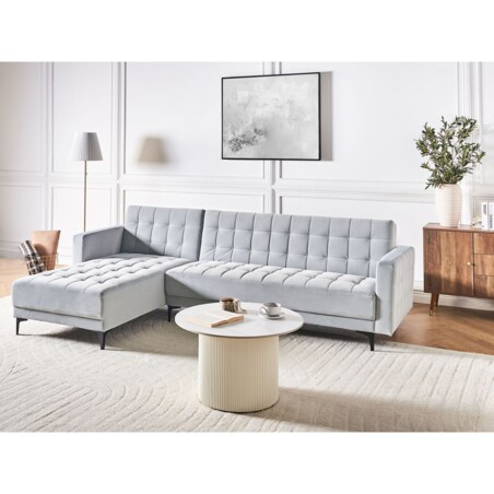 Sofa prawostronna rozkładana welurowa jasnoszara ABERDEEN