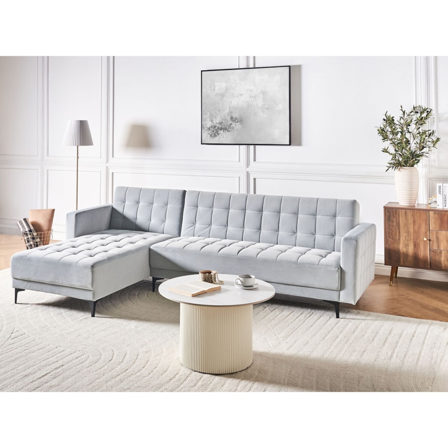 Sofa prawostronna rozkładana welurowa jasnoszara ABERDEEN