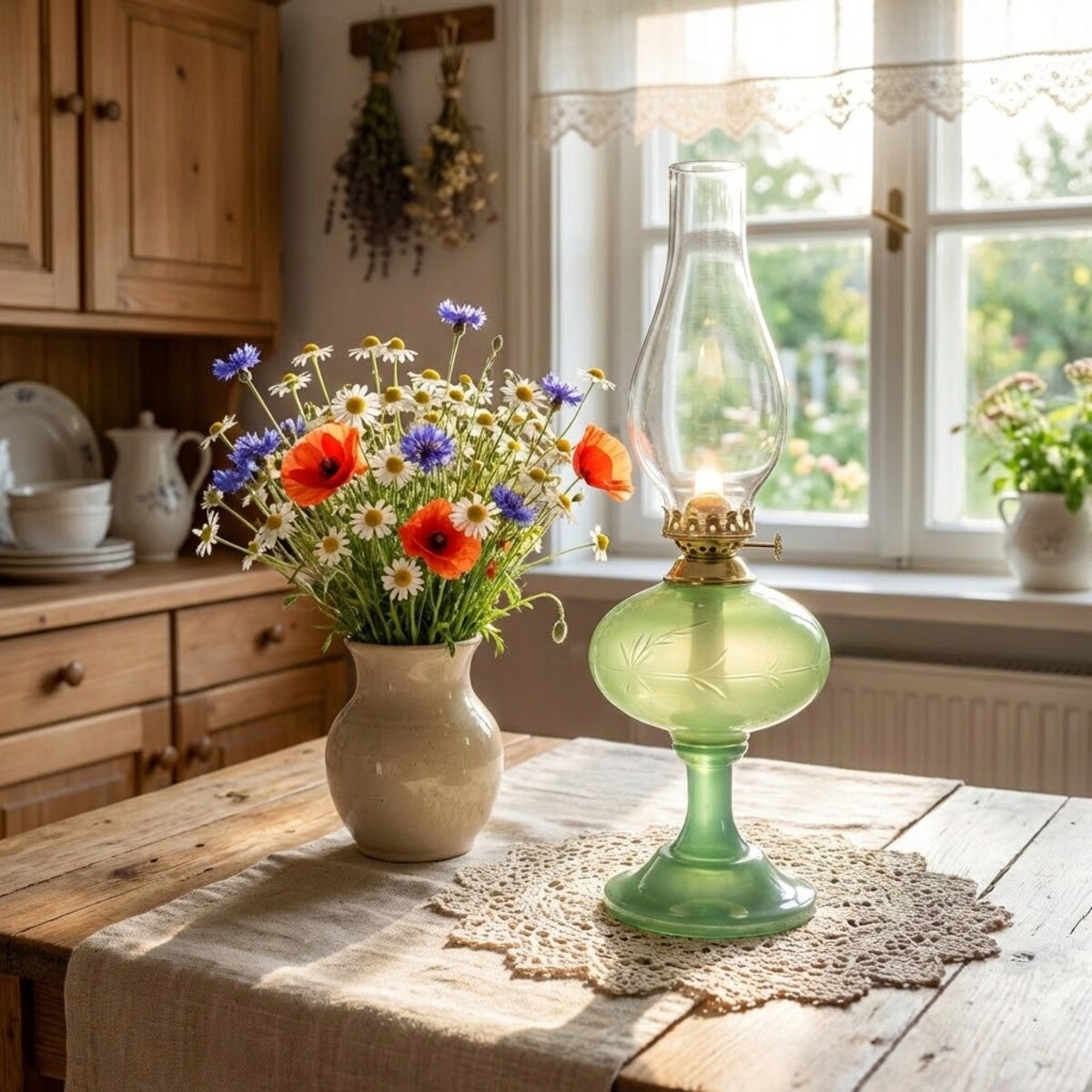 LAMPA NAFTOWA DUŻA ZIELONA SZKLANA KLOSZ RETRO DO DOMU OGRODU NA PREZENT