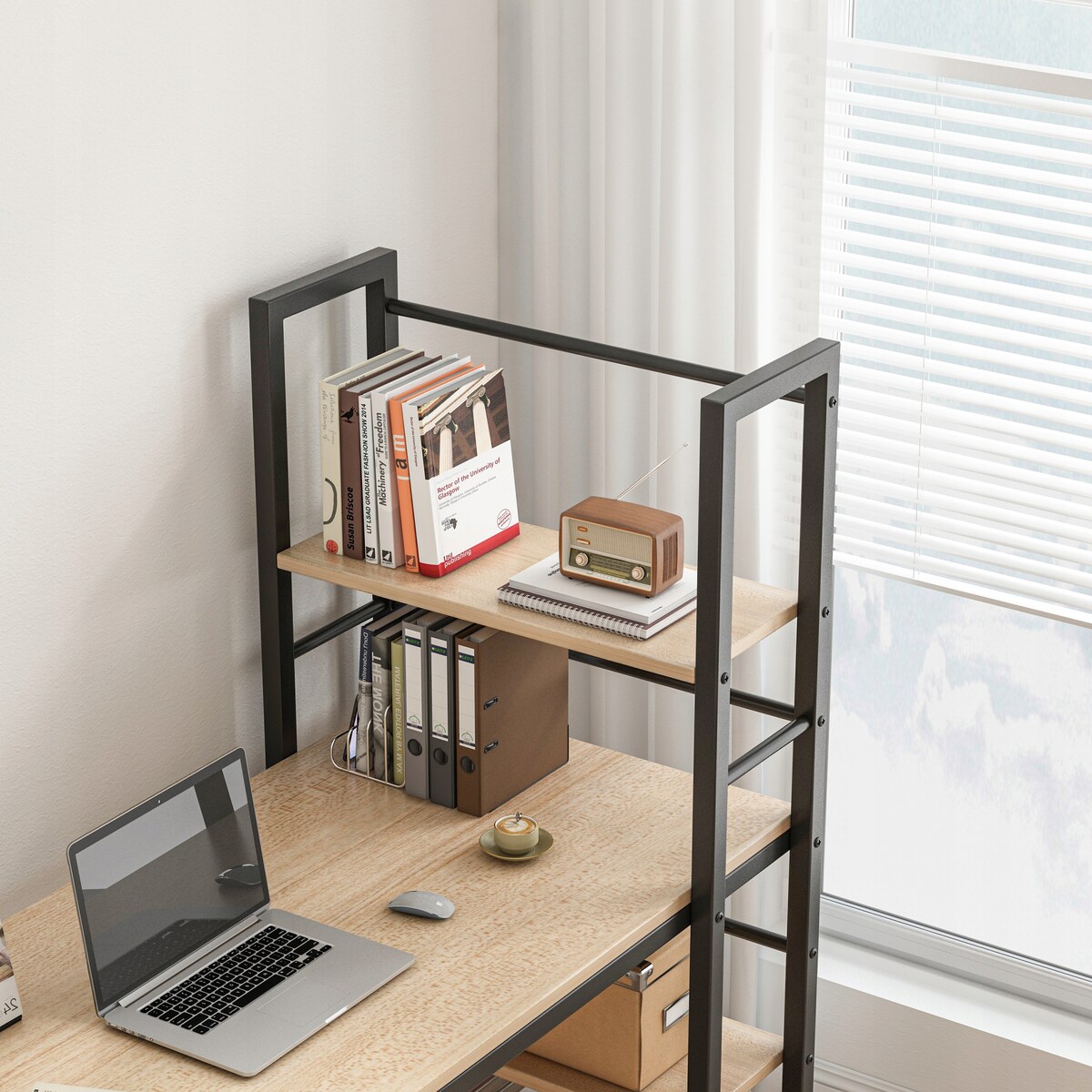 Biurko Komputerowe Z Regałem Półkami Nowoczesne Metalowe Loft Jasny Brąz