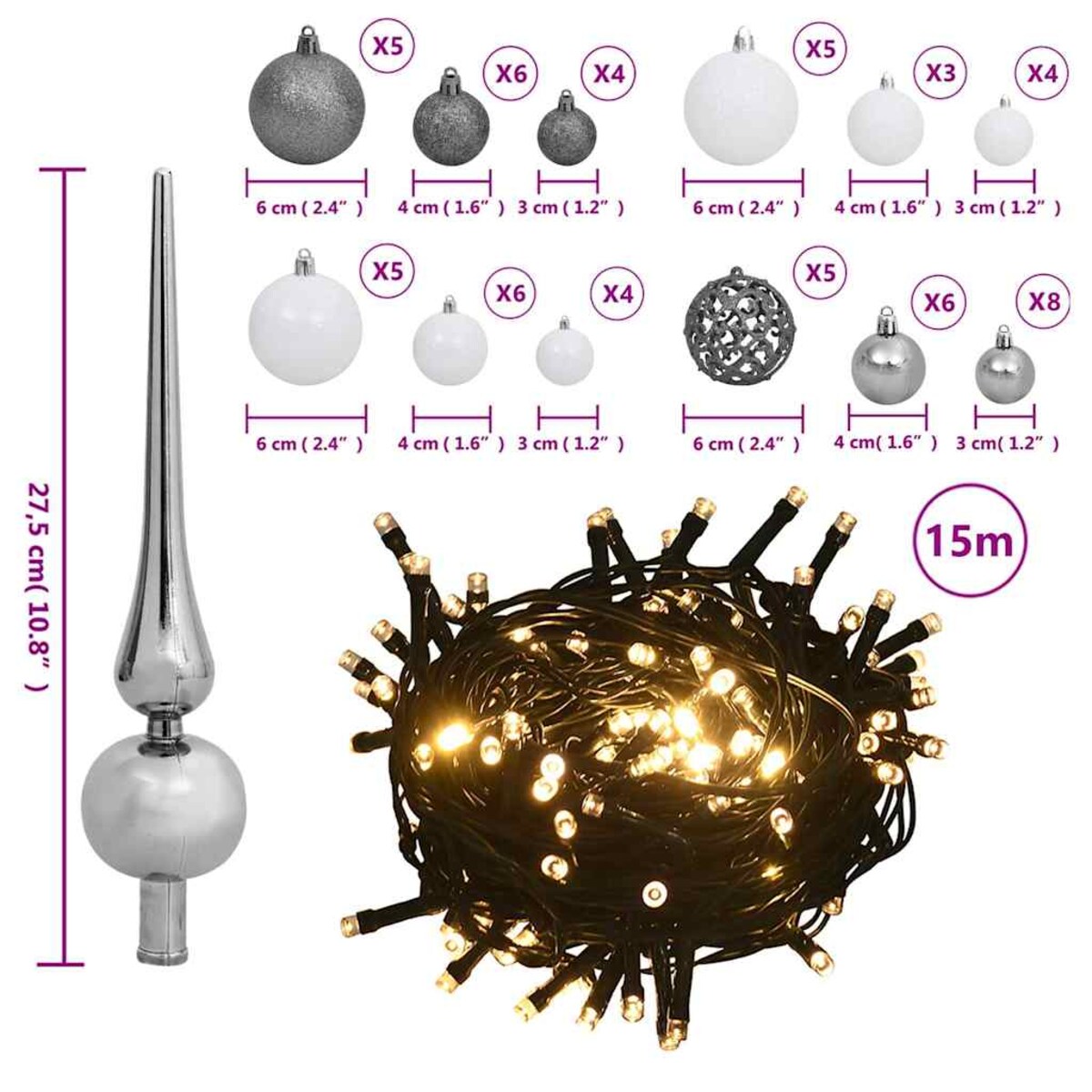 vidaXL 61-cz. zestaw bombek na choinkę ze szpicem 150 LED biało-szary