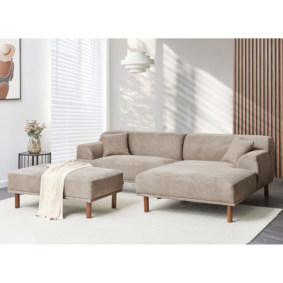 Sofa narożna lewostronna z otomaną HOLT Beżowoszary Lewostronny