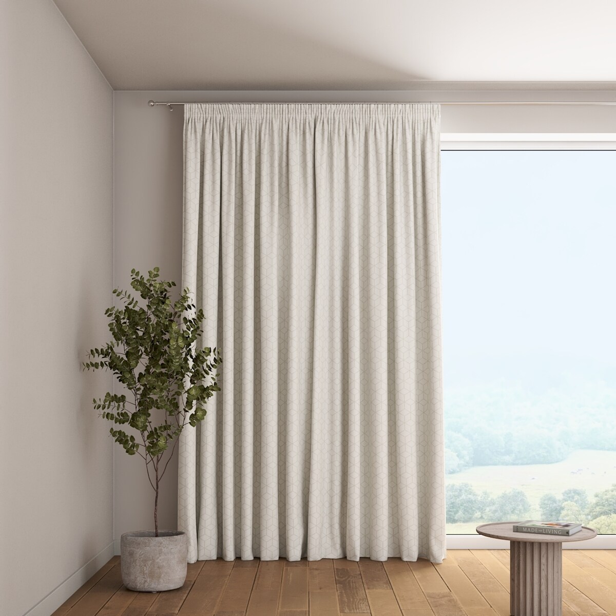 Zasłona na taśmie marszczącej 1 szt. 130x260 wzór sześcianów na białym tle