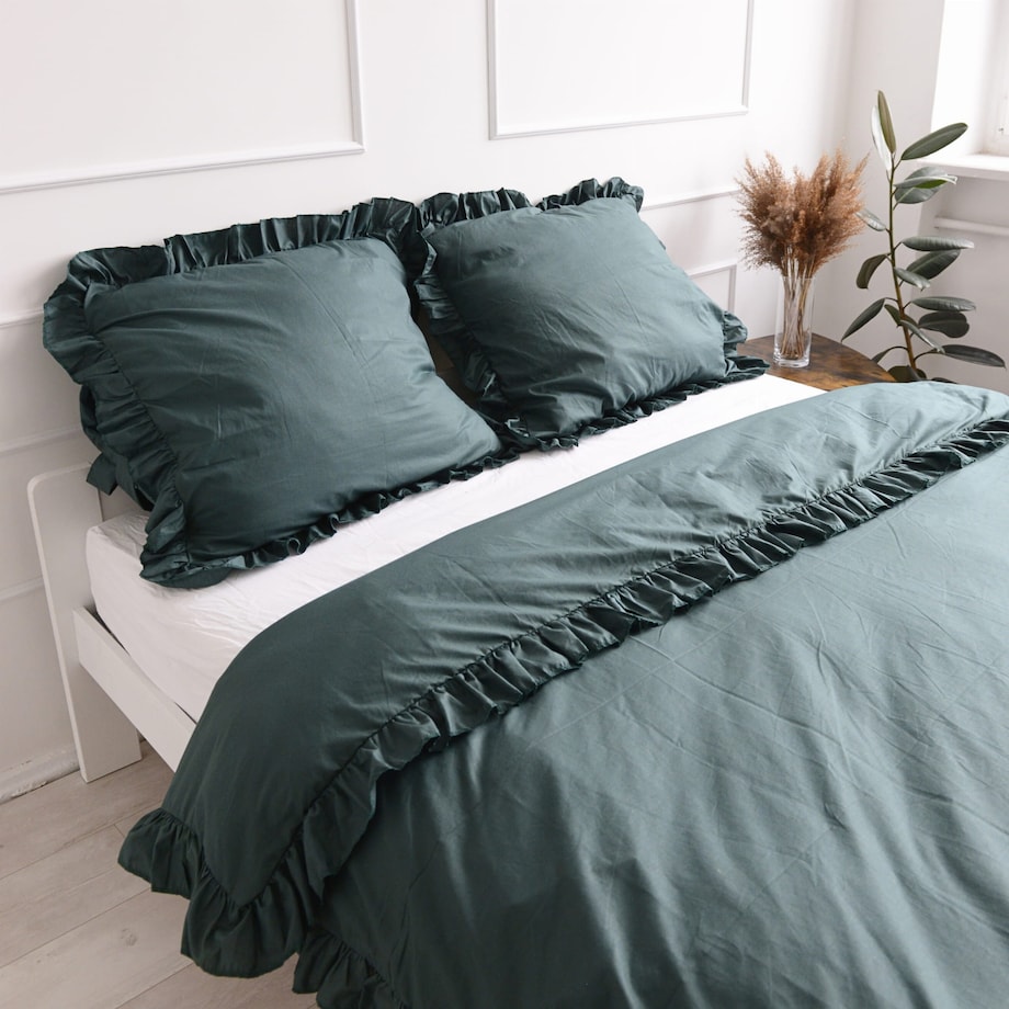 Poszewka Pościel Na Kołdrę Z Falbanką Butelkowa Zieleń 140X200 Cm
