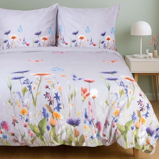 Pościel flanelowa 140x200 Florina Mist szara z kolorowymi kwiatami, Flanelove