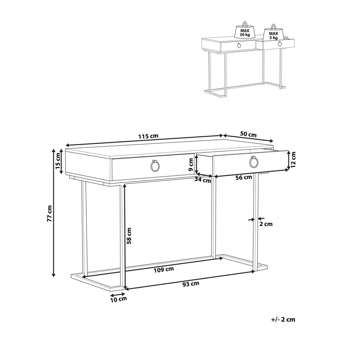 Biurko / Konsola 2 szuflady biało-złota WESTPORT