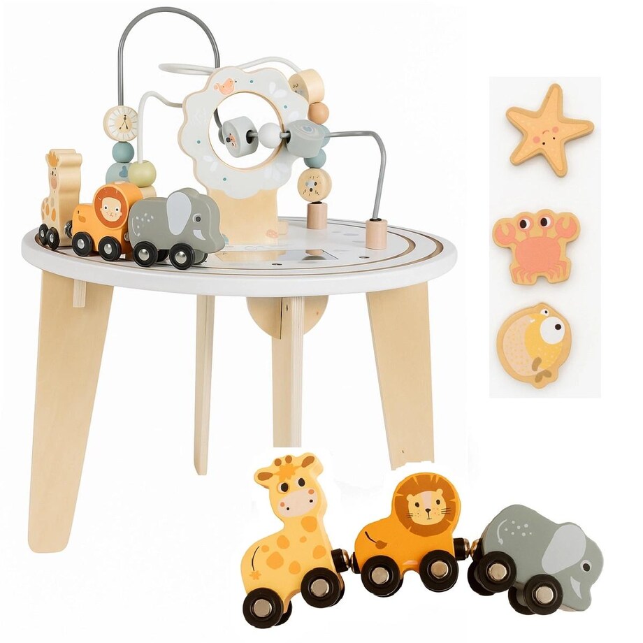 Drewniany stolik edukacyjny 2w1 interaktywny, manipulacyjny - labirynt i tor z pojazdami