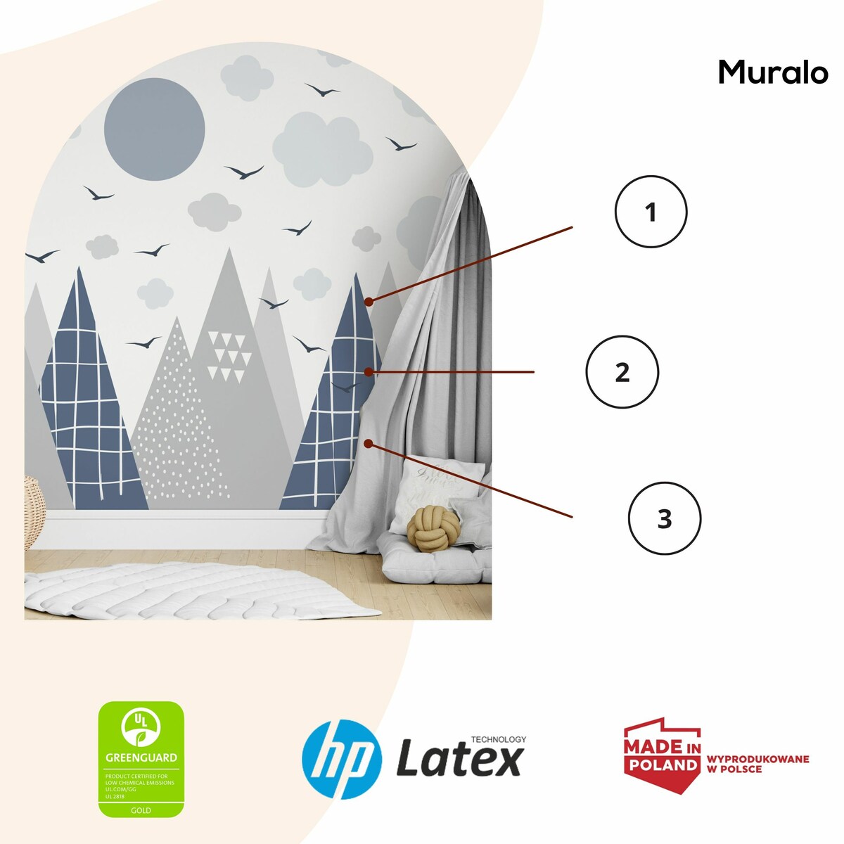 NAKLEJKI ŚCIENNE DLA DZIECI SZARE GÓRY CHMURY STYL SKANDYNAWSKI ZESTAW