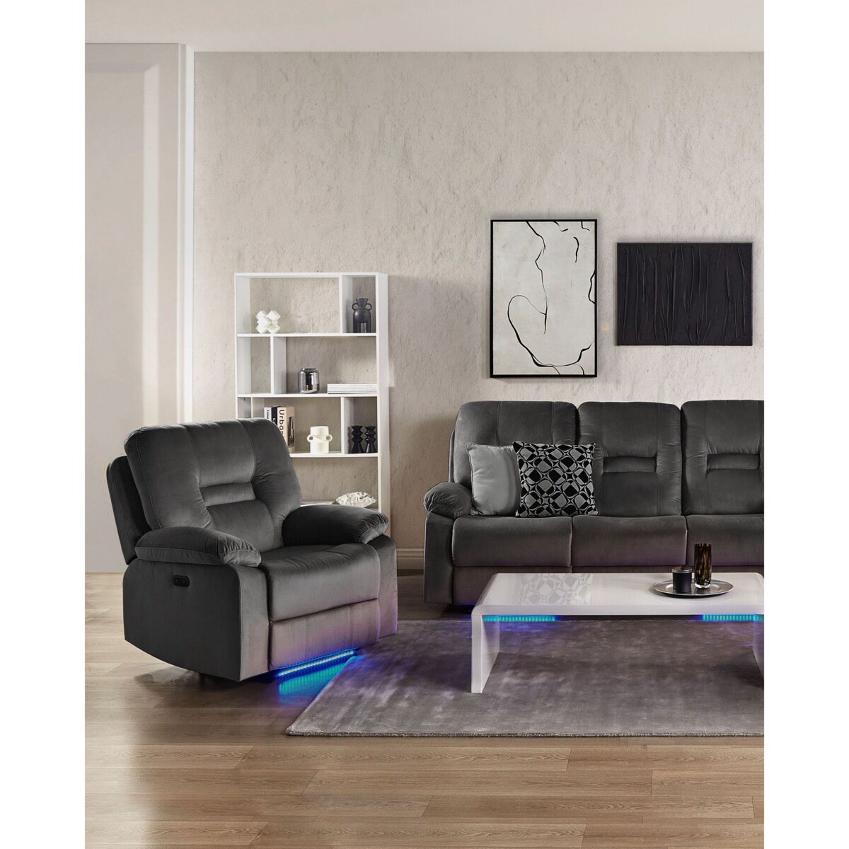 Fotel z elektryczną funkcją relaksu welurowy LED z ładowarką szary BERGEN