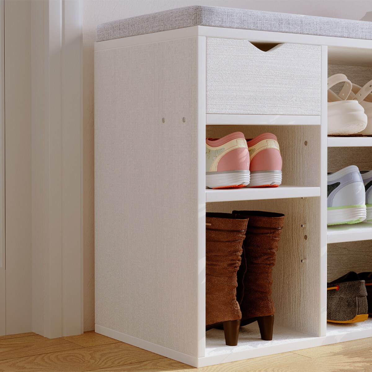 Szafka na buty z szarym siedziskiem biała przedpokój nowoczesna 100 cm