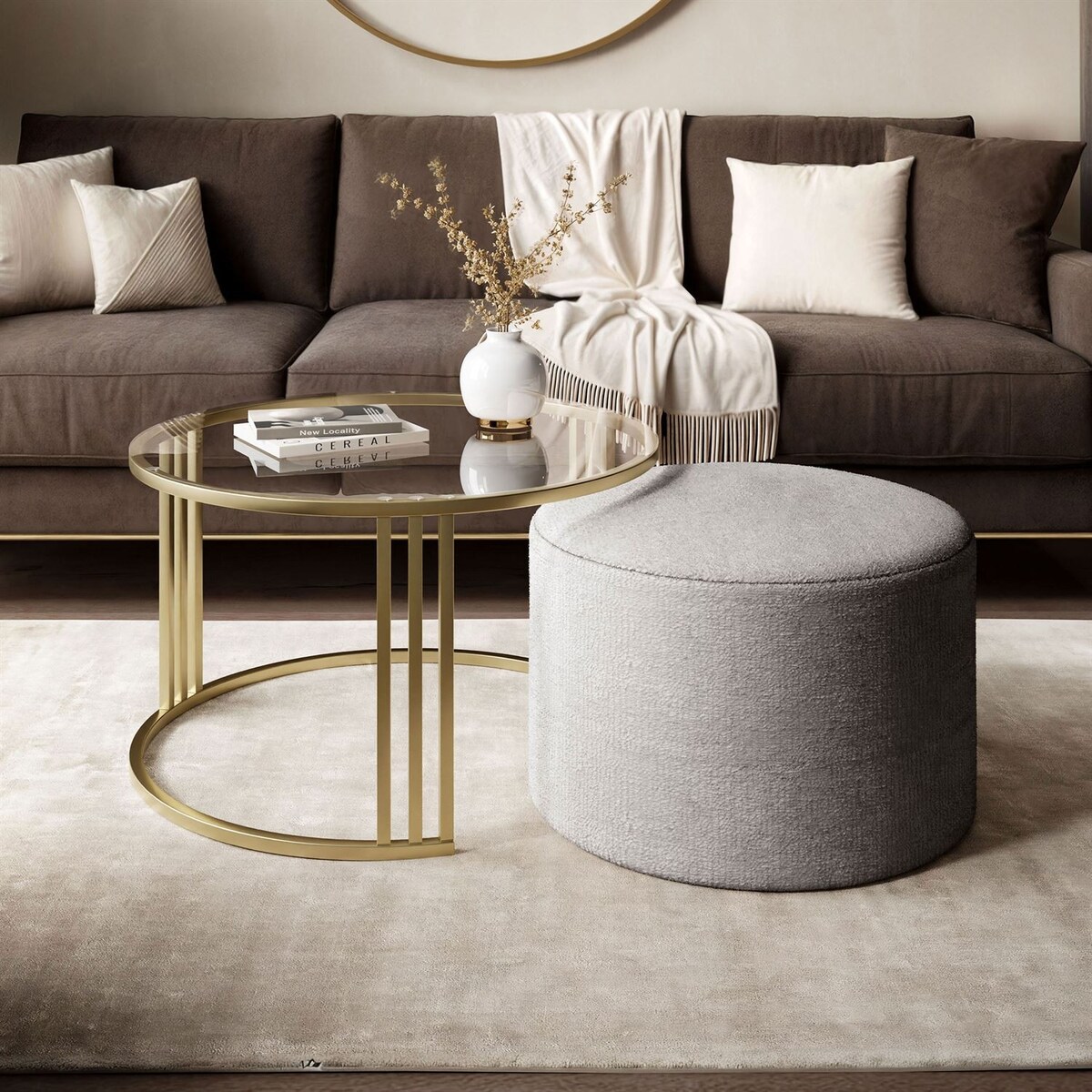 Stolik kawowy z pufą LORI GLASS złoto szczotkowane, przezroczyste szkło / Perfect Harmony 82