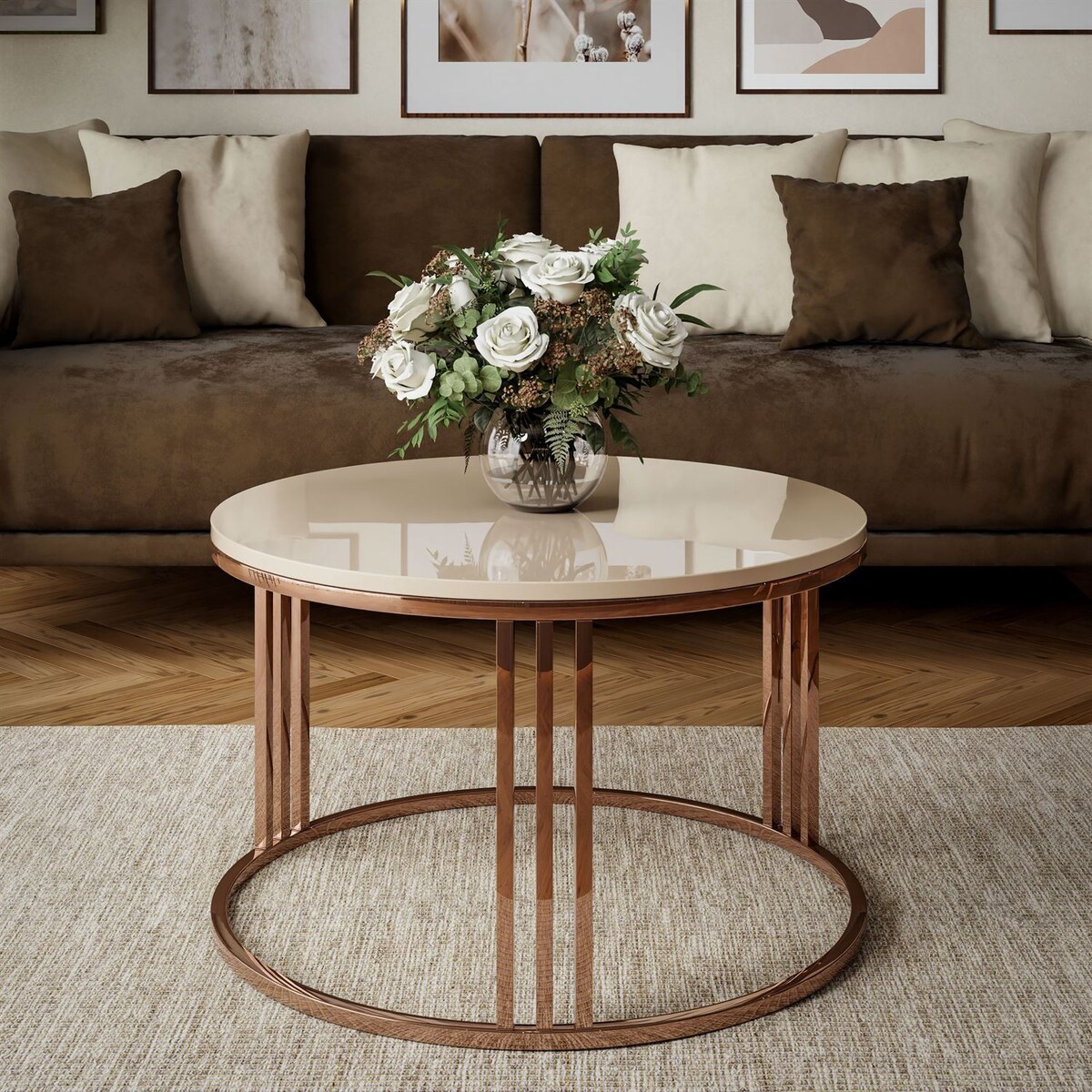 Okrągły stolik kawowy LORI połysk z miedzianym stelażem, kaszmir połysk