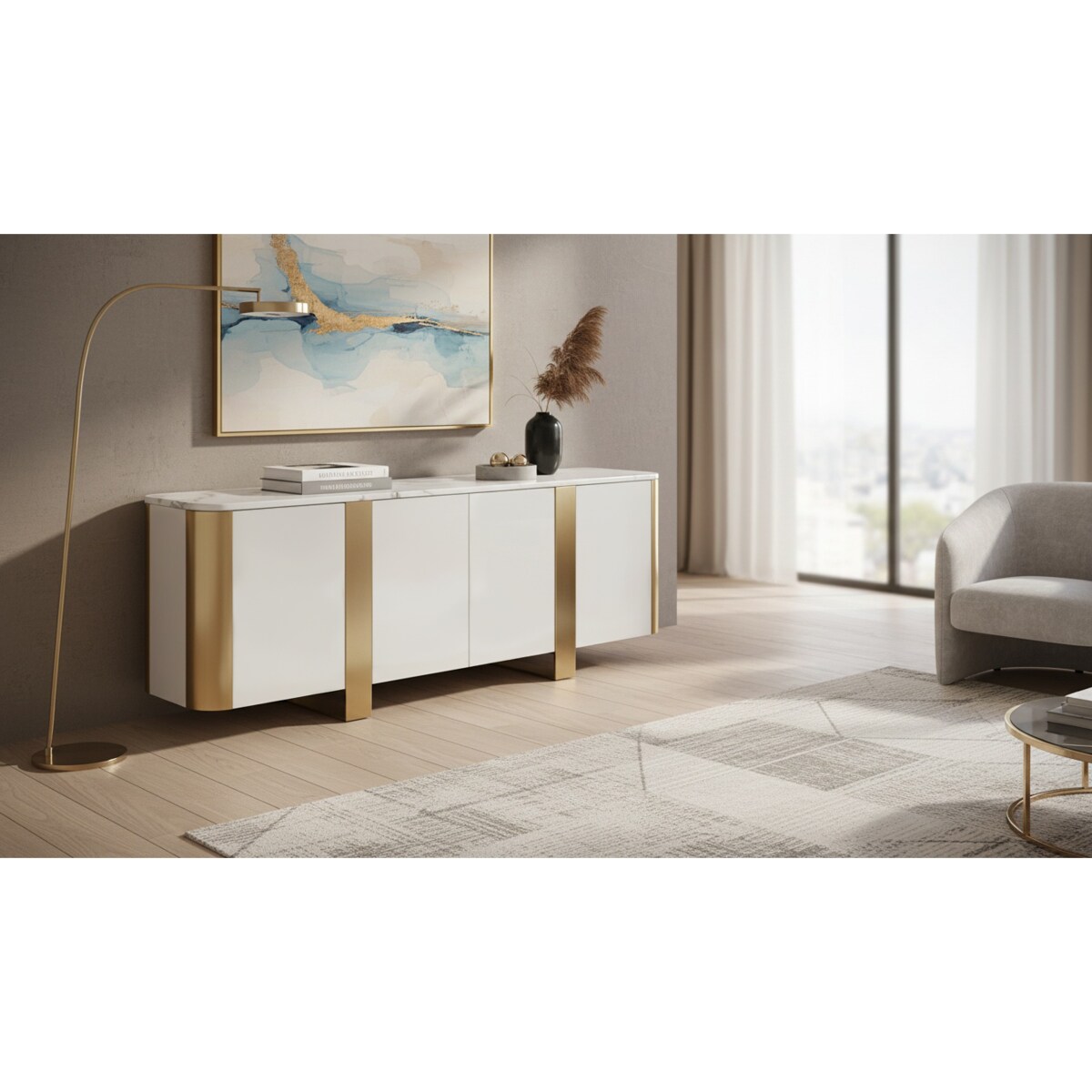 Szafka RTV złota Ola Glamour Premium z blatem marmurowym 200x40x85