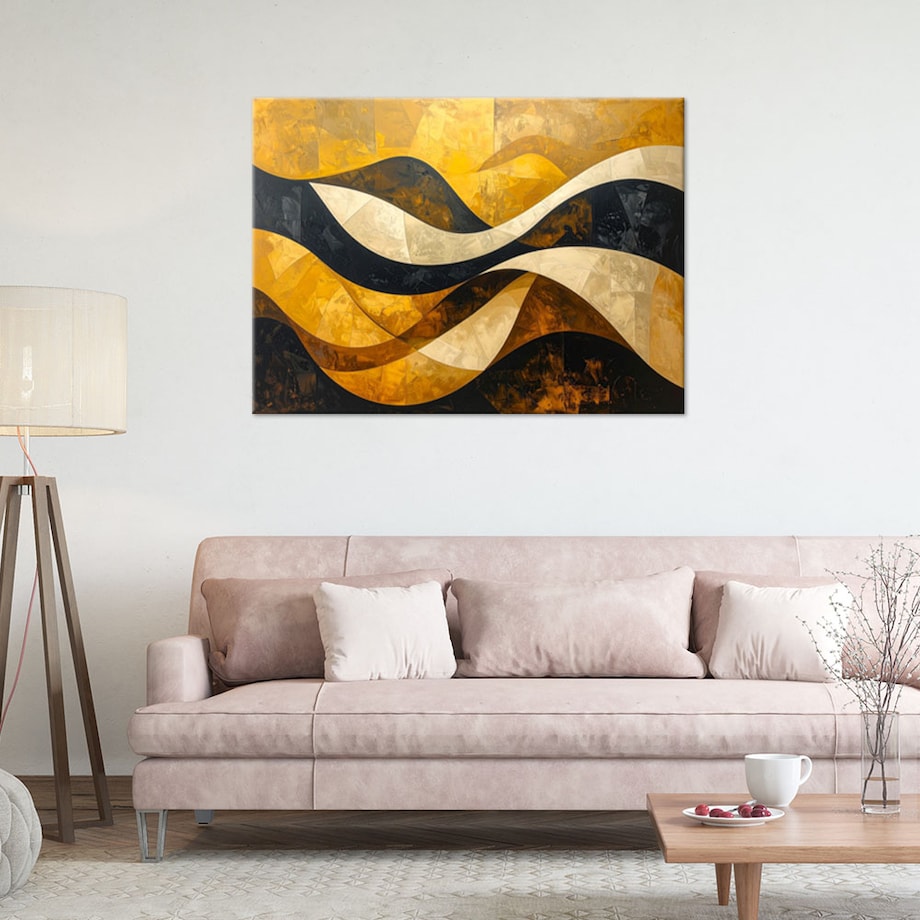 Obraz do salonu sypialni biura loftu, Abstrakcja linie kształty zółty czarny złoty