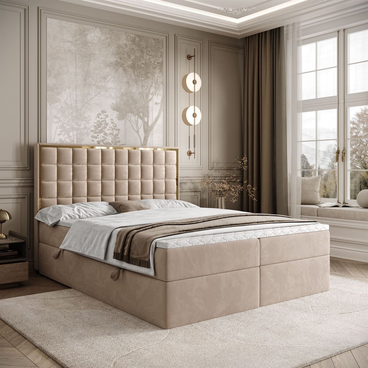 Łóżko kontynentalne ISADORA GOLD, pojemnik na pościel, 160x200, RV 170, topper