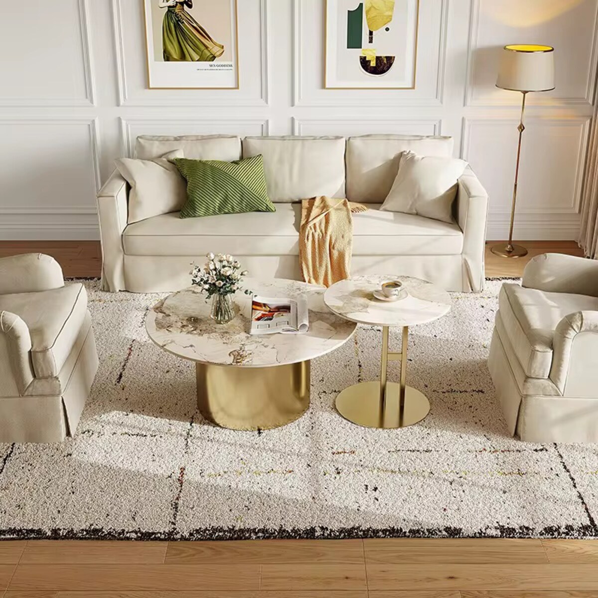 Zestaw złotych stolików kawowych Premium Florencis z kamiennym blatem marmurkowym