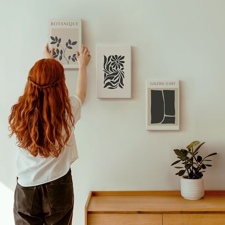 Zestaw 3 małych obrazów na płótnie - Abstrakcyjne wzory roślinne - beżowy