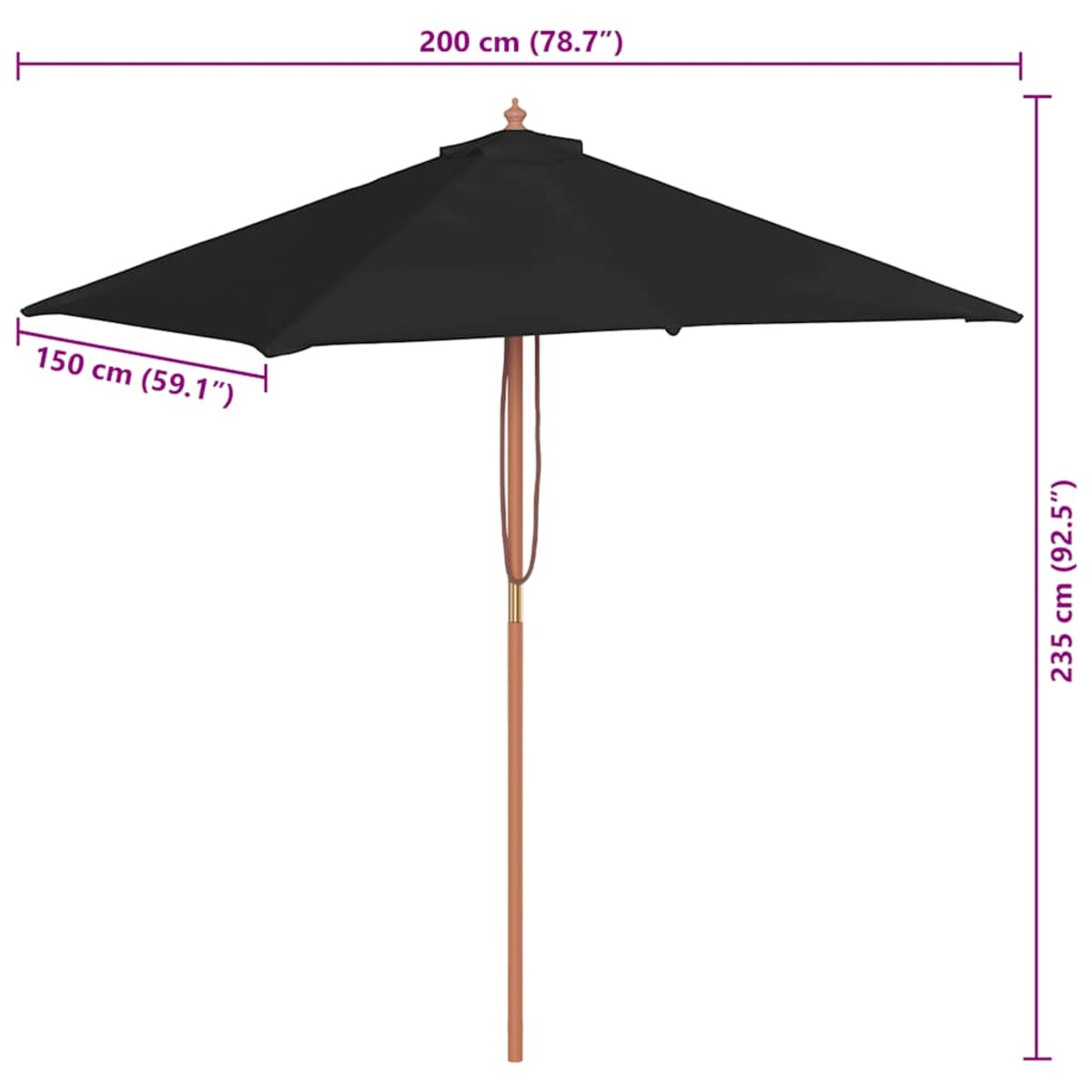 vidaXL Parasol ogrodowy na drewnianym słupku, czarny, 150x200 cm