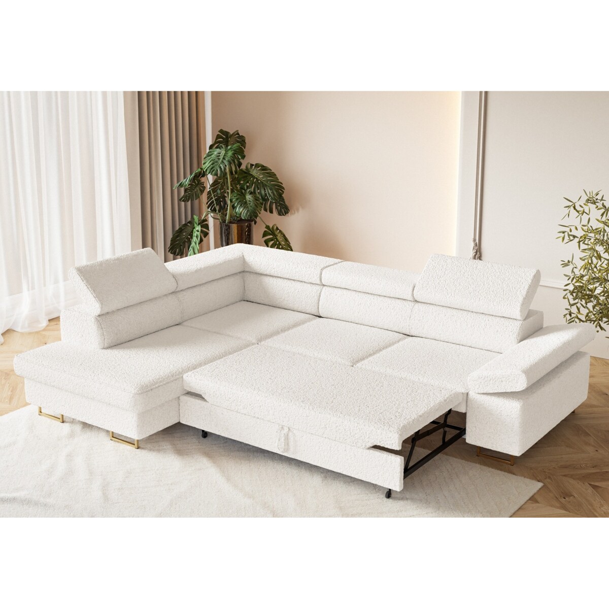 Narożnik ALEX z regulowanymi zagłówkami, lewostronny- tkanina boucle- ecru