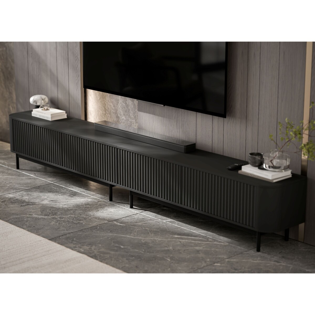 Szafka RTV Komoda RTV 280 cm Glamour Czarny Mat Czarny Stelaż