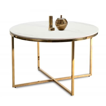 Stolik Kawowy Okrągły Złoty Ława Glamour Biały Połysk Marmur MARINE