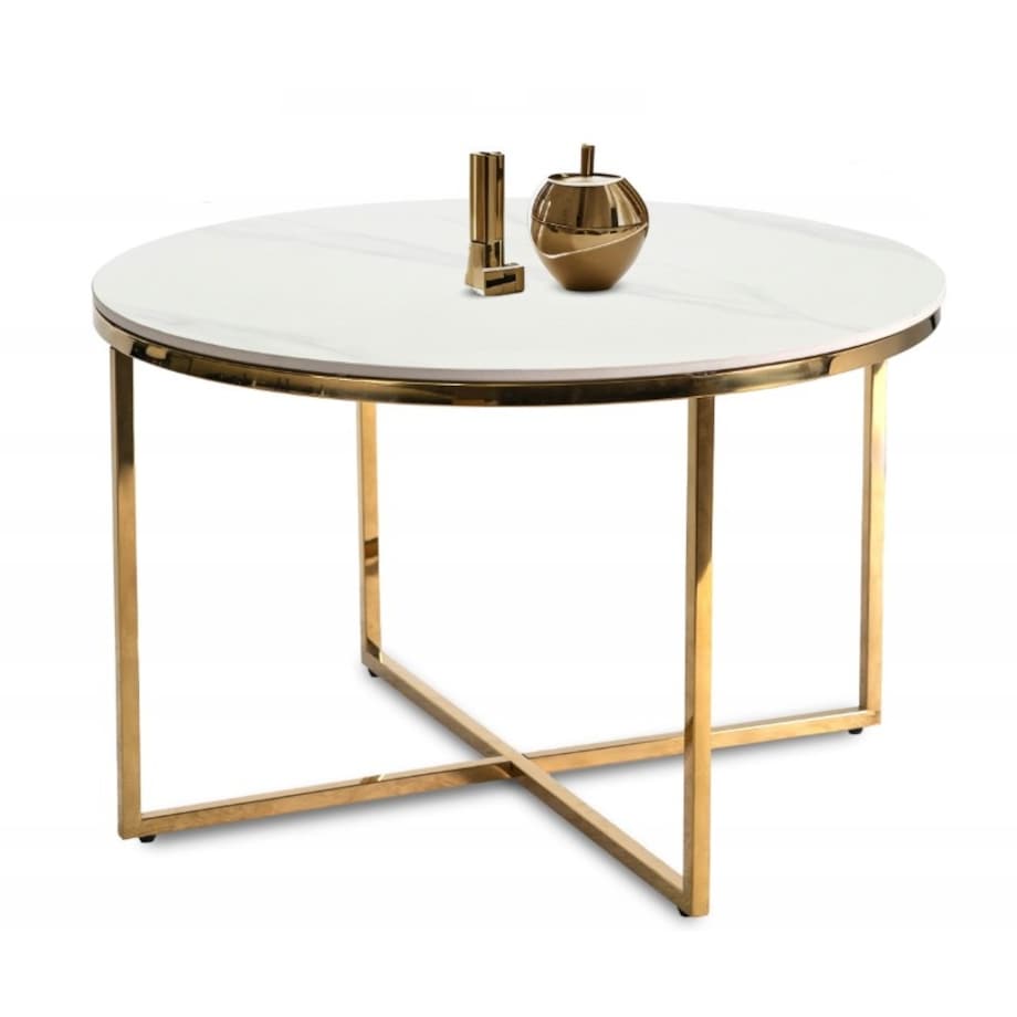 Stolik Kawowy Okrągły Złoty Ława Glamour Biały Połysk Marmur MARINE