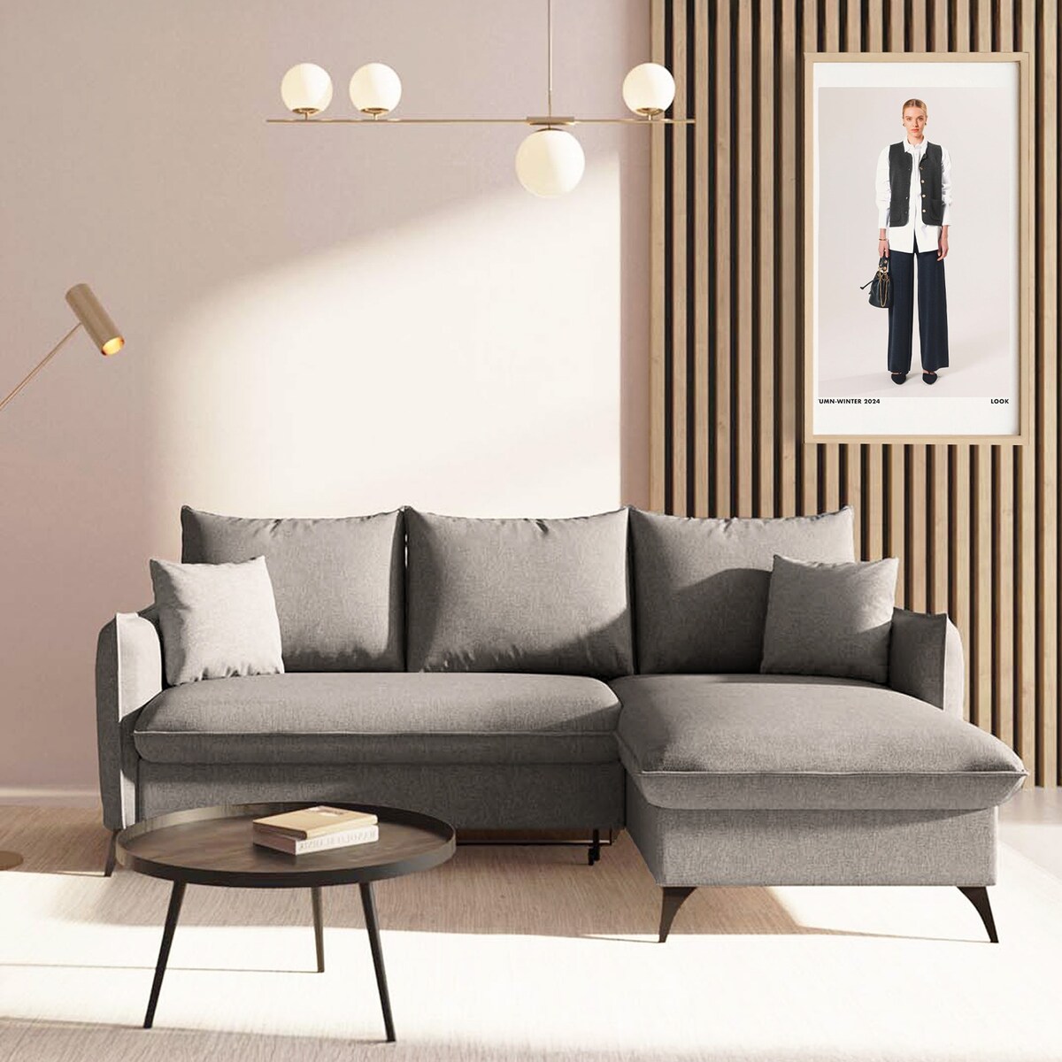 Brim Sofa narożna prawa z funkcją spania i pojemnikiem prawa szara