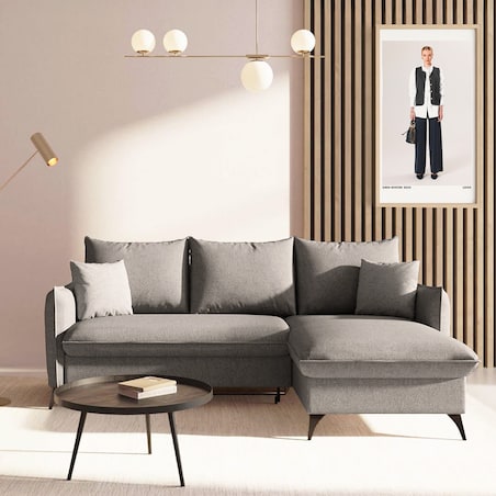 Brim Sofa narożna prawa z funkcją spania i pojemnikiem prawa szara