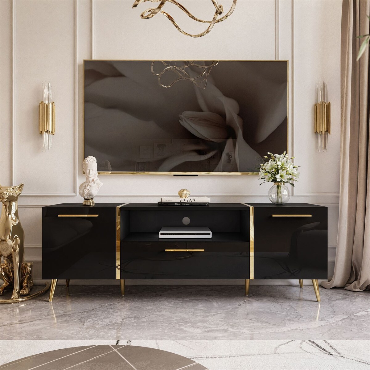 Szafka RTV ONYX na złotych nóżkach wysoki połysk 158 cm, carny połysk, złote uchwyty