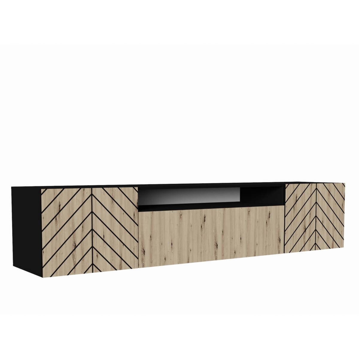 Szafka RTV IGO 200 cm wisząca,do salonu, wzór jodełka- artisan+czarny